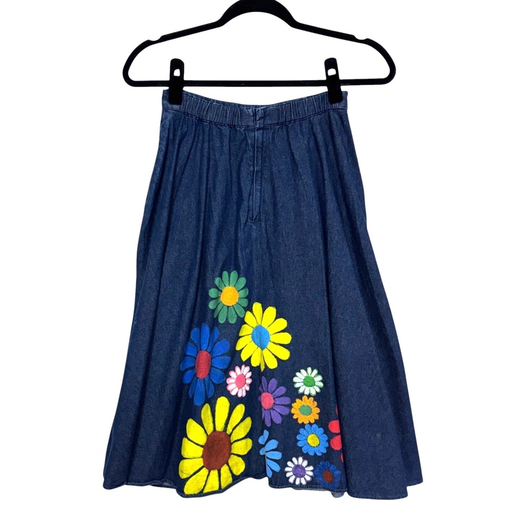 Custom Upcycled Uniqlo Blue Denim Skirt, Size XS Colorful Painted Flowers Hippie